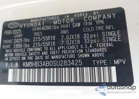 2025 Hyundai Kona Sel z USA, uszkodzony, nr VIN KM8HB3AB0SU283425